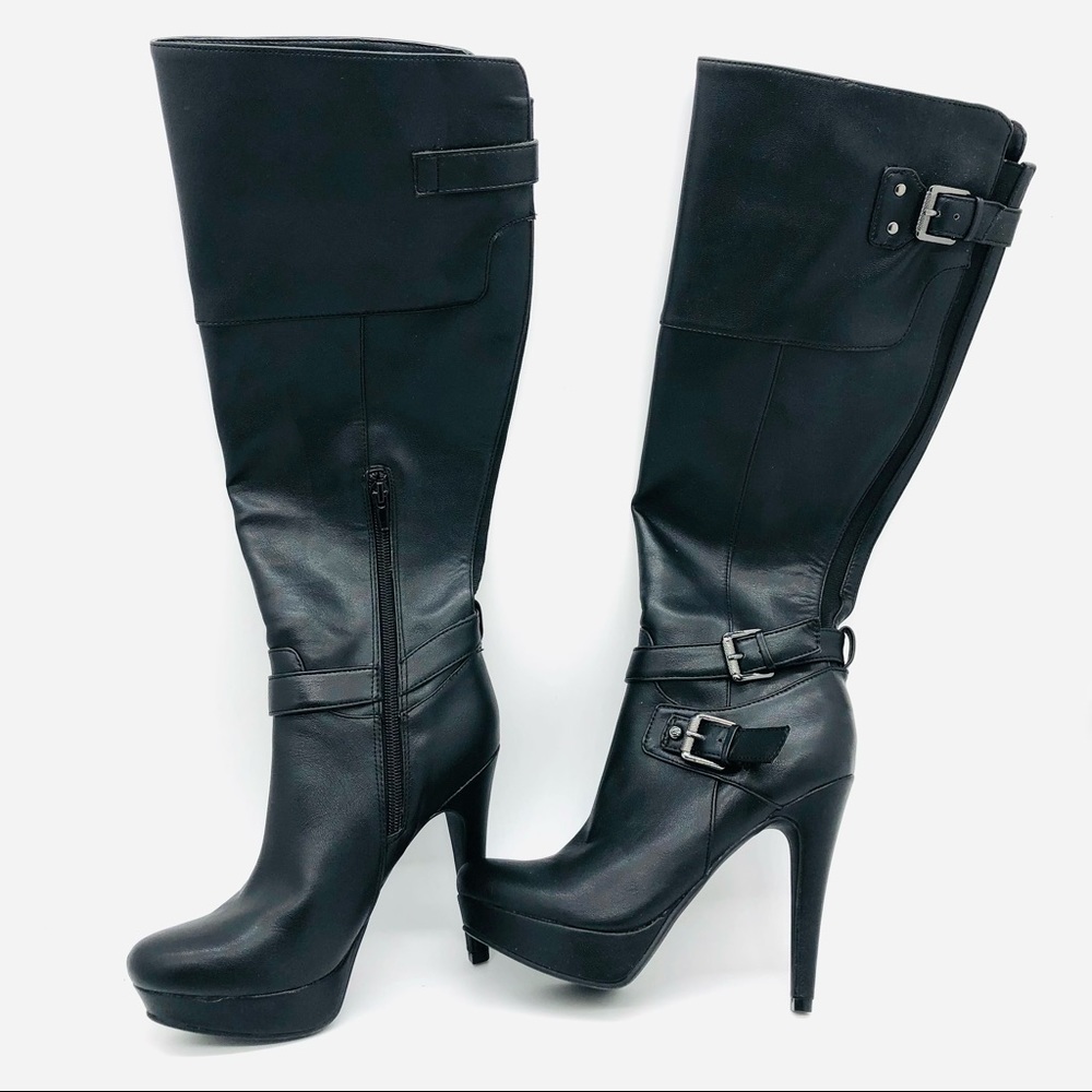 G by Guess Black High Heeled Leather Boots Knee High Buckle 6.5 M barely used - Picture 3 of 9